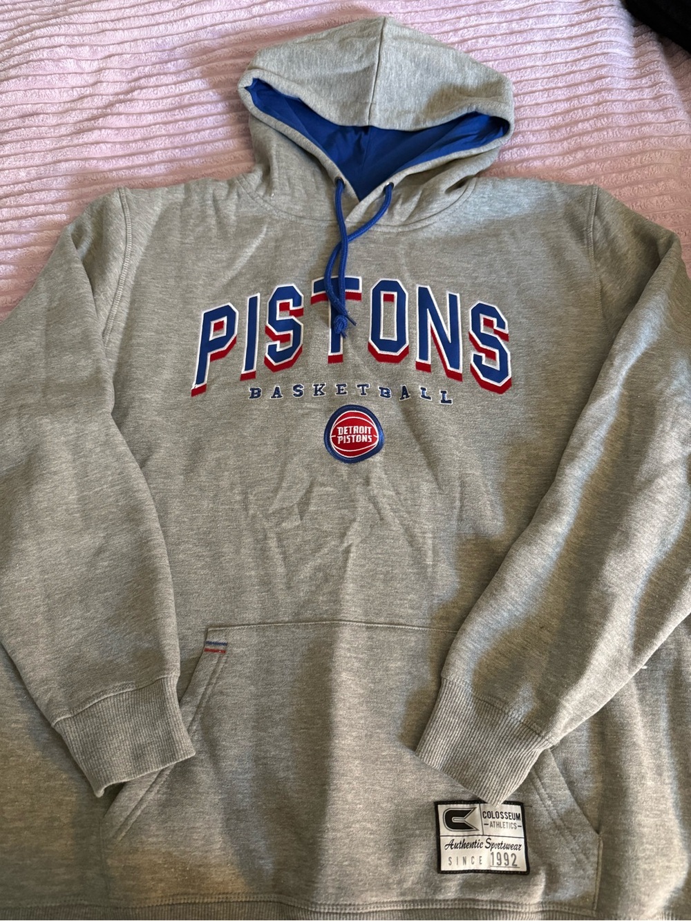 Official Detroit Pistons NBA- Colosseum Gray Hoodie with Blue & Red Pistons Logo